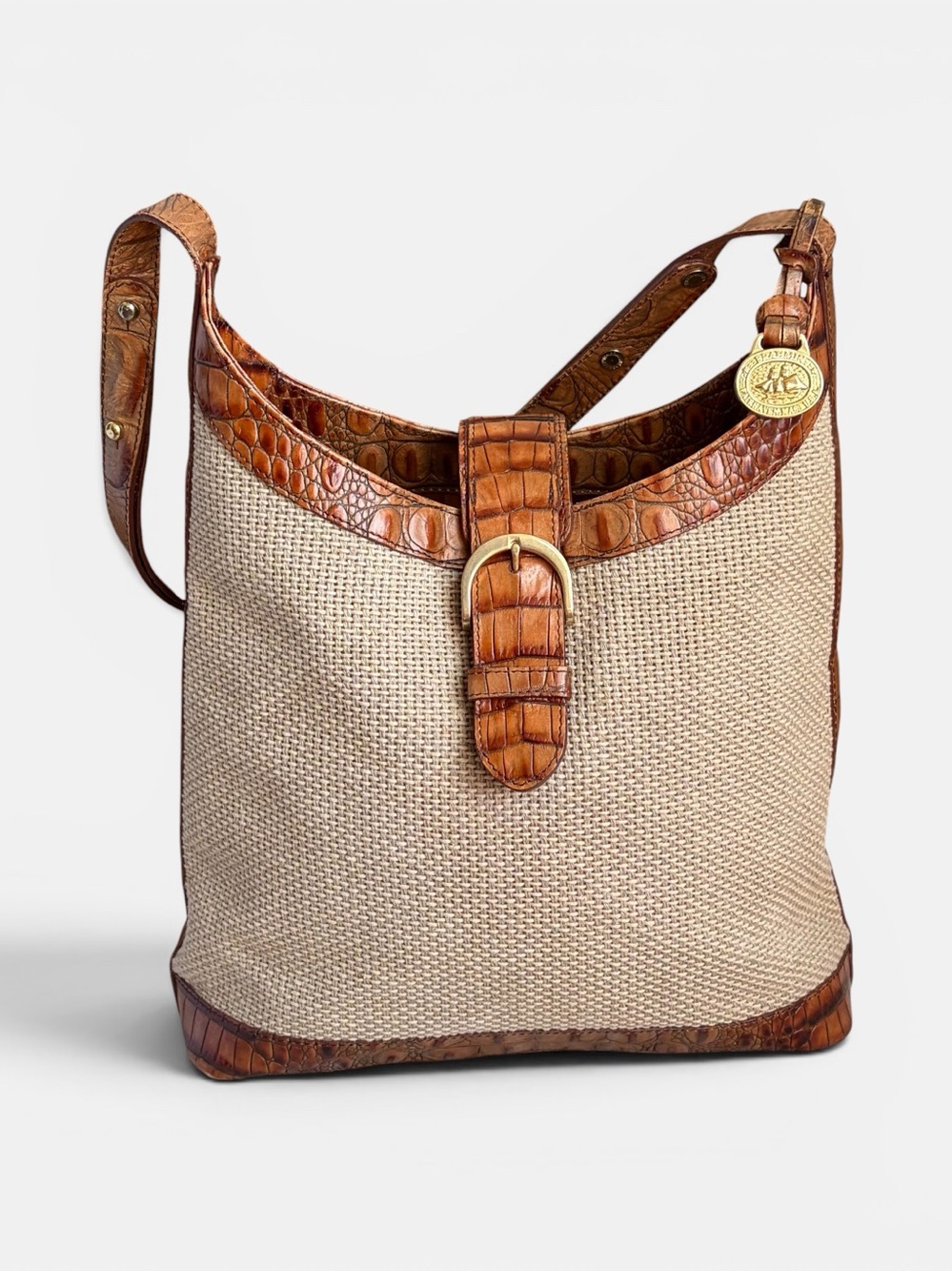 Brahmin Harbor Collection Purse Woven Canvas Croc Embossed Leather Shoulder Bag